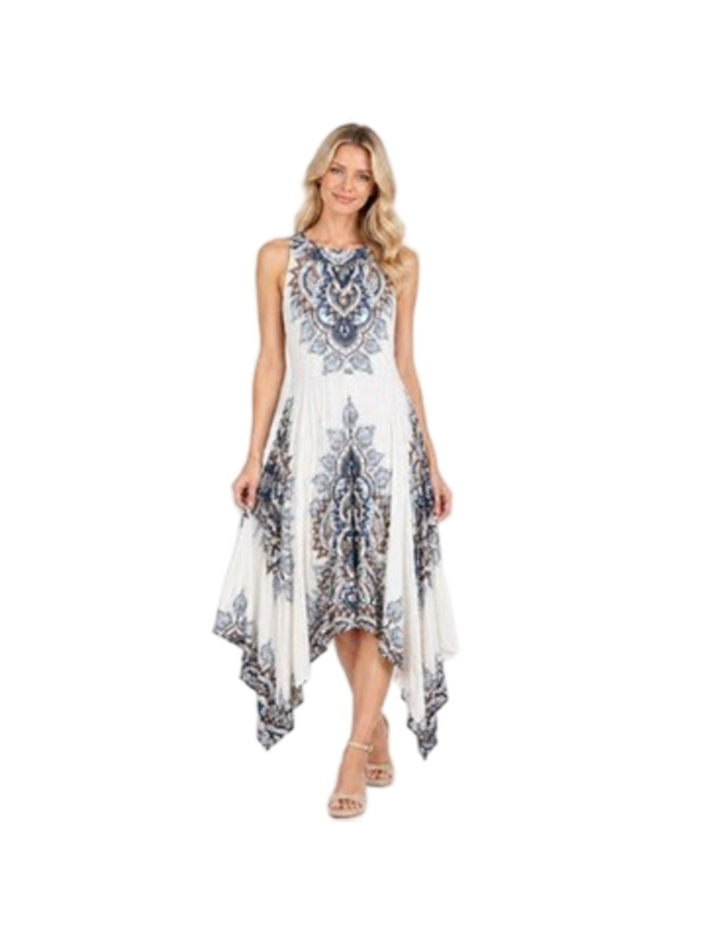 Chicos Boho Paisley Medallion Handkerchief Hem Midi Dress Sleeveless Size 3 XL P